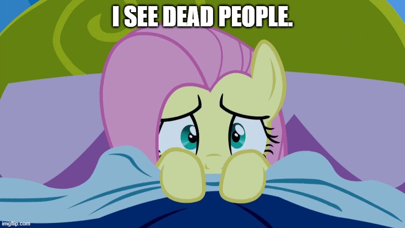 Size: 800x450 | Tagged: safe, ponerpics import, screencap, fluttershy, bed, cole sear, image, jpeg, meme, meme template, scared, solo, the sixth sense, the sixth sense (movie)