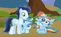 Size: 2346x1424 | Tagged: safe, derpibooru import, rainbow dash, soarin', oc, oc:ragtag, oc:shooting star, pegasus, pony, female, filly, foal, image, male, mare, offspring, parent:rainbow dash, parent:soarin', parents:soarindash, png, shipping, siblings, soarindash, stallion, straight, twins