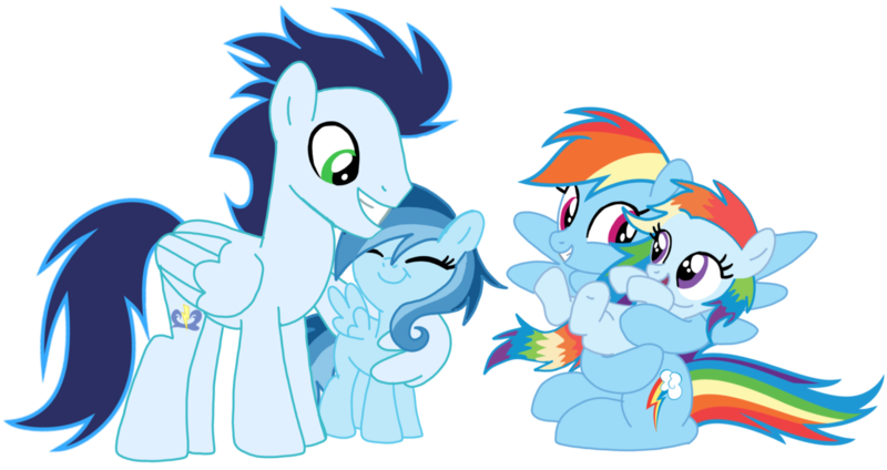 Size: 2346x1242 | Tagged: safe, derpibooru import, rainbow dash, soarin', oc, oc:ragtag, oc:shooting star, pegasus, pony, female, filly, foal, image, male, mare, offspring, parent:rainbow dash, parent:soarin', parents:soarindash, png, shipping, siblings, simple background, soarindash, stallion, straight, transparent background, twins