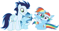 Size: 2346x1242 | Tagged: safe, derpibooru import, rainbow dash, soarin', oc, oc:ragtag, oc:shooting star, pegasus, pony, female, filly, foal, image, male, mare, offspring, parent:rainbow dash, parent:soarin', parents:soarindash, png, shipping, siblings, simple background, soarindash, stallion, straight, transparent background, twins