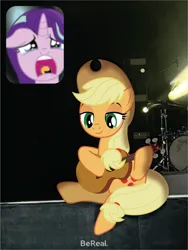 Size: 1351x1801 | Tagged: safe, artist:prixy05, derpibooru import, applejack, starlight glimmer, earth pony, pony, unicorn, bereal., crying, duo, female, guitar, horn, image, implied shipping, lesbian, mare, meme, musical instrument, open mouth, picture-in-picture, png, ponified meme, ship:glimmerjack, shipping, sitting, tears of joy