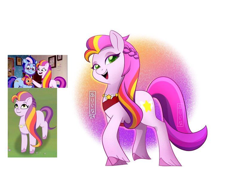 Size: 2048x1583 | Tagged: safe, artist:alinabr00k, derpibooru import, sunny starscout, earth pony, pony, g5, my little pony: tell your tale, spoiler:g5, spoiler:my little pony: tell your tale, spoiler:tyts02e11, alternate cutie mark, argyle starshine, bag, father and child, father and daughter, female, female focus, filly, filly sunny starscout, image, jewelry, jpeg, looking at you, male, mane stripe sunny, mare, mother and child, mother and daughter, necklace, open mouth, open smile, raised hoof, screencap reference, smiling, solo focus, stallion, sunny starscout's mother, tail, unshorn fetlocks, written in the starscouts, younger