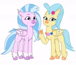 Size: 640x544 | Tagged: safe, artist:jazzhooves, derpibooru import, princess skystar, silverstream, classical hippogriff, hippogriff, g5, my little pony: the movie, coat markings, colored wings, duo, duo female, female, flower, flower in hair, freckles, g4, g4 to g5, generation leap, image, jewelry, jpeg, missing accessory, necklace, simple background, socks (coat marking), thumbs up, white background, wings