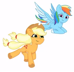 Size: 640x621 | Tagged: safe, artist:jazzhooves, derpibooru import, applejack, rainbow dash, earth pony, pegasus, pony, g5, applejack's hat, cowboy hat, duo, duo female, female, flying, freckles, g4, g4 to g5, generation leap, hat, image, jpeg, looking at each other, looking at someone, running, simple background, white background