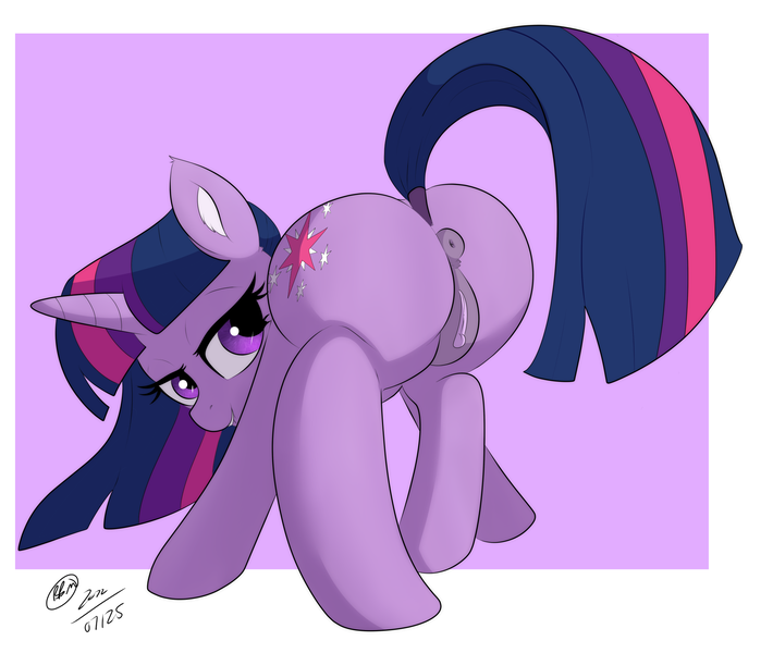 Size: 2039x1722 | Tagged: explicit, artist:bunbunmuffin, artist:bunbunmuffinart, artist:bunbunmuffins, derpibooru import, part of a set, twilight sparkle, twilight sparkle (alicorn), alicorn, pony, unicorn, abstract background, anus, bedroom eyes, butt, clitoris, dock, ear fluff, female, flank, g4, high res, horn, image, large butt, lip bite, looking at you, looking back, looking back at you, mare, nudity, plot, png, ponut, presenting, raised tail, rear view, signature, simple background, smiling, smiling at you, solo, solo female, tail, twibutt, unicorn twilight, vagina, vulva