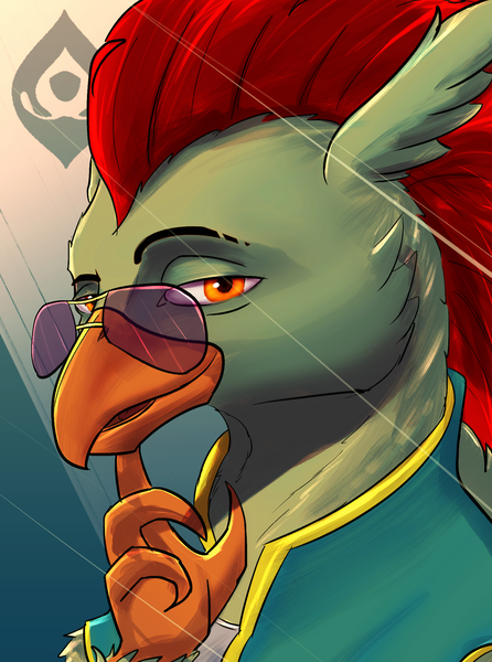 Size: 1560x2100 | Tagged: safe, artist:tofuslied-, derpibooru import, oc, oc:crack lightning, unofficial characters only, hippogriff, equestria at war mod, bust, claw, glasses, image, looking at you, png, portrait, solo, sunglasses