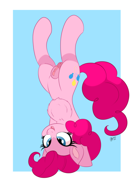 Size: 4323x5950 | Tagged: explicit, artist:bunbunmuffinart, artist:bunbunmuffins, derpibooru import, part of a set, pinkie pie, earth pony, pony, anus, belly, chest fluff, clitoris, cute, diapinkes, ear fluff, female, g4, hybrid vagina, image, mare, nudity, open mouth, open smile, png, ponut, signature, smiling, solo, solo female, tail, upside down, vulva