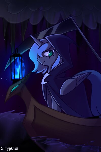 Size: 640x960 | Tagged: safe, artist:sillyp0ne, derpibooru import, princess luna, alicorn, pony, alternate hairstyle, blue coat, blue light, blue mane, blue tail, boat, cave, cavern, cloak, clothes, colored, dark, detailed background, eyelashes, female, folded wings, g4, gradient eyes, green eyes, grim reaper, hooded cloak, horn, image, jpeg, lantern, large wings, long tail, looking at you, mare, no pupils, profile, river, s1 luna, scythe, shiny eyes, short mane, smiling, smiling at you, solo, standing, tail, teal eyes, underground, unicorn horn, water, wingding eyes, wings