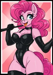Size: 1240x1754 | Tagged: suggestive, artist:rekheadz, derpibooru import, pinkie pie, anthro, earth pony, pony, breasts, busty pinkie pie, choker, cleavage, clothes, female, g4, gloves, image, latex, latex gloves, latex leotard, leotard, mare, open mouth, open smile, png, smiling, socks, solo, solo female, stockings, sunburst background, thigh highs, thighs, thunder thighs, wide hips