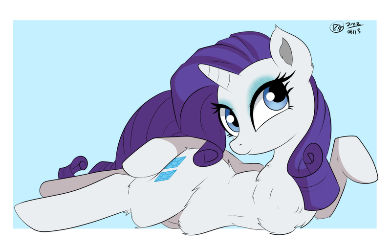 Size: 1936x1227 | Tagged: safe, artist:bunbunmuffinart, artist:bunbunmuffins, derpibooru import, part of a set, rarity, pony, unicorn, belly, chest fluff, draw me like one of your french girls, explicit source, eyeshadow, female, fluffy, g4, horn, image, looking at you, lying down, makeup, mare, png, signature, solo, tail