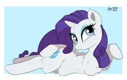 Size: 1936x1227 | Tagged: safe, artist:bunbunmuffinart, artist:bunbunmuffins, derpibooru import, part of a set, rarity, pony, unicorn, belly, chest fluff, draw me like one of your french girls, explicit source, eyeshadow, female, fluffy, g4, horn, image, looking at you, lying down, makeup, mare, png, signature, solo, tail