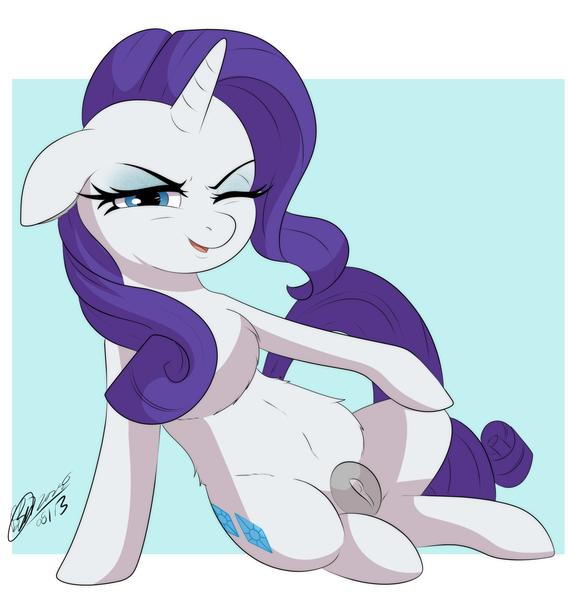 Size: 1268x1337 | Tagged: explicit, artist:bunbunmuffinart, artist:bunbunmuffins, derpibooru import, part of a set, rarity, pony, unicorn, anatomically incorrect, belly, chest fluff, eyebrows, eyeshadow, female, floppy ears, frontgina, g4, horn, hybrid vagina, image, lidded eyes, looking at you, makeup, mare, nudity, one eye closed, open mouth, png, signature, solo, solo female, tail, vulva