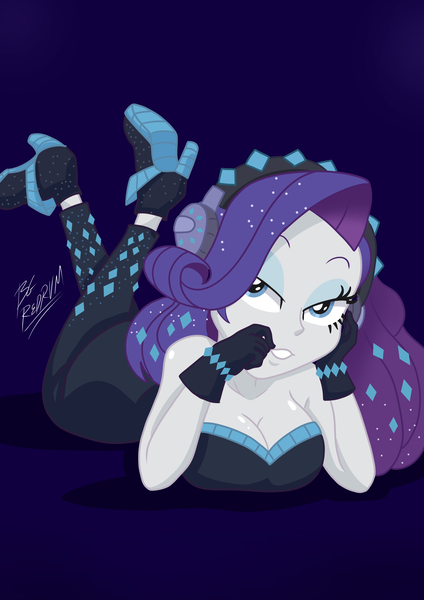 Size: 2428x3439 | Tagged: safe, artist:bgredrum, paywalled source, rarity, human, equestria girls, the other side, ankle boots, bedroom eyes, big breasts, blue background, breasts, busty rarity, cleavage, clothes, eyeshadow, female, g4, gloves, headphones, high heels, humanized, image, jpeg, makeup, my little pony equestria girls: better together, paywall content, shoes, simple background, sleeveless, solo, solo female, strapless, unitard