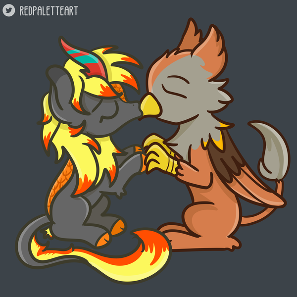 Size: 2000x2000 | Tagged: safe, artist:redpalette, derpibooru import, oc, oc:electra pleiades, oc:peregrine, unofficial characters only, gryphon, kirin, eyes closed, griffon oc, hoof hold, image, kirin oc, kissing, png