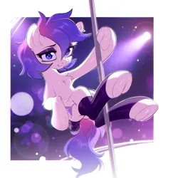 Size: 2989x2989 | Tagged: safe, artist:ls_skylight, derpibooru import, oc, oc:indigo storm, unofficial characters only, pony, bow, clothes, female, hooves, image, mare, png, pole dancing, socks, solo, solo female, stockings, stripper pole, thigh highs, underhoof