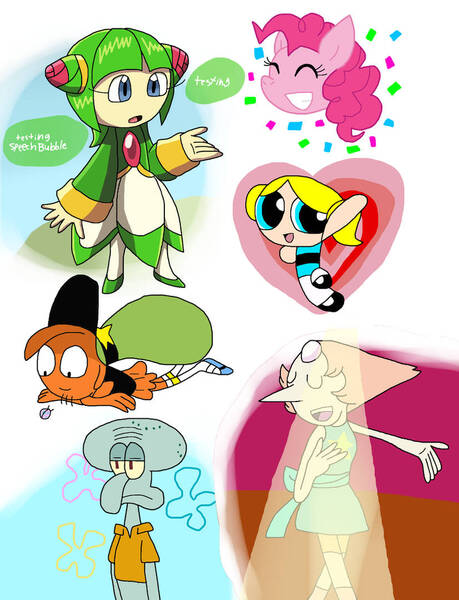 Size: 827x1082 | Tagged: safe, artist:cmara, derpibooru import, pinkie pie, octopus, bubbles (powerpuff girls), cosmo (sonic x), crossover, image, jpeg, pearl (steven universe), sonic the hedgehog (series), spongebob squarepants, spotlight, squidward tentacles, steven universe, the powerpuff girls, wander (wander over yonder), wander over yonder