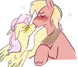 Size: 2674x2302 | Tagged: safe, artist:frostharbourer, derpibooru import, big macintosh, fluttershy, earth pony, pegasus, pony, blushing, crossdressing, duo, eyes closed, female, floppy ears, fluttermac, heart, height difference, image, jpeg, kiss on the lips, kissing, male, orchard blossom, shipping, simple background, straight, trans big macintosh, transgender, white background
