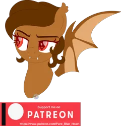 Size: 1880x1961 | Tagged: safe, artist:pure-blue-heart, derpibooru import, oc, unnamed oc, unofficial characters only, bat pony, pony, undead, vampire, bat pony oc, bat wings, brown mane, bust, fangs, female, image, mare, patreon, patreon logo, patreon reward, png, portrait, red eyes, simple background, transparent background, watermark, wings