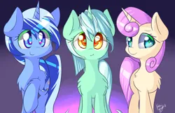 Size: 1964x1271 | Tagged: safe, artist:kawaiipony2, derpibooru import, lyra heartstrings, minuette, twinkleshine, pony, unicorn, adorableshine, chest fluff, colored pupils, cute, female, fluffy, g4, horn, image, jpeg, leg fluff, looking at you, lyrabetes, mare, minubetes, raised hoof, shoulder fluff, signature, smiling, smiling at you, trio, trio female
