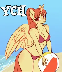 Size: 2620x3000 | Tagged: safe, artist:nika-rain, derpibooru import, oc, alicorn, anthro, pony, auction, auction open, ball, breasts, clothes, commission, image, jpeg, ocean, sketch, solo, swimsuit, water, ych sketch, your character here