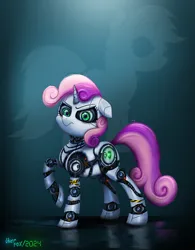 Size: 1931x2480 | Tagged: safe, artist:user-fox, derpibooru import, sweetie belle, pony, robot, robot pony, unicorn, dark background, female, foal, g4, gradient background, green eyes, horn, image, looking at you, png, raised hoof, solo, sweetie bot, unhappy