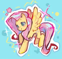 Size: 1175x1107 | Tagged: safe, artist:zhouxin63758, derpibooru import, fluttershy, pegasus, pony, blushing, female, image, jpeg, light blue background, mare, outline, simple background, smiling, solo, spread wings, white outline, wings