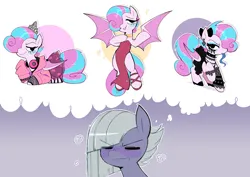 Size: 3508x2480 | Tagged: safe, artist:syrupyyy, derpibooru import, limestone pie, oc, oc:sweetie swirl, bat pony, pony, bat pony oc, bat wings, blue blush, blue tongue, blushing, bow, clothes, crossdressing, dress, flustered, goth, hair bow, headphones, high heels, image, imagination, jewelry, long tongue, multicolored hair, png, shoes, thought bubble, tiara, tongue out, wings