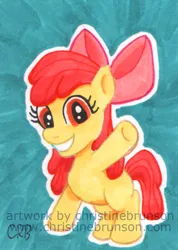 Size: 550x773 | Tagged: safe, artist:inkdotthepony, derpibooru import, apple bloom, earth pony, pony, abstract background, female, filly, foal, grin, image, jpeg, raised hoof, smiling, solo, text, traditional art