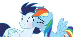 Size: 2346x1180 | Tagged: safe, derpibooru import, rainbow dash, soarin', pegasus, pony, female, image, kiss on the cheek, kissing, male, mare, png, shipping, simple background, soarindash, stallion, straight, transparent background