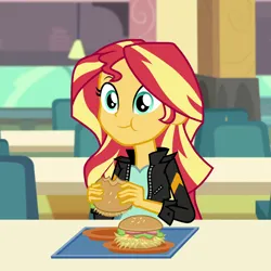 Size: 2160x2160 | Tagged: safe, artist:octosquish7260, derpibooru import, sunset shimmer, human, equestria girls, burger, canterlot high, chair, eating, female, food, g4, hay burger, humans doing horse things, image, plate, png, show accurate, solo, sunset wants her old digestive system back, table, tray