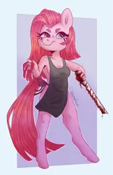 Size: 897x1382 | Tagged: semi-grimdark, suggestive, artist:reamina, derpibooru import, pinkie pie, anthro, unguligrade anthro, apron, blood, clothes, female, image, naked apron, partial nudity, pinkamena diane pie, png, solo, solo female, sword, weapon