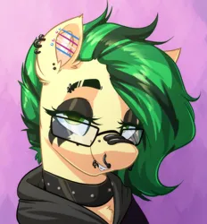 Size: 2128x2296 | Tagged: safe, artist:witchtaunter, derpibooru import, oc, oc:joystick, unofficial characters only, pony, abstract background, bridge piercing, bust, clothes, collar, commission, ear piercing, eyebrow piercing, female, glasses, goth, hoodie, image, industrial piercing, lip piercing, looking at you, mare, nose piercing, nose ring, piercing, png, portrait, smiling, smiling at you, solo, trans pride flag