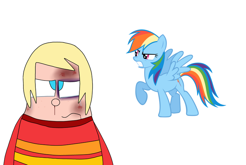 Size: 4456x2990 | Tagged: semi-grimdark, derpibooru import, edit, rainbow dash, human, pegasus, pony, abuse, black eye, blood, bloody mouth, crossover, crying, duo, eubie (higglytown heroes), female, g4, higglytown heroes, image, male, mare, nesting doll, nosebleed, png