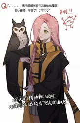 Size: 883x1343 | Tagged: safe, artist:xieyanbbb, derpibooru import, fluttershy, bird, human, owl, chinese text, clothes, female, g4, hair over one eye, harry potter, harry potter (series), hufflepuff, humanized, image, jpeg, moon runes, scarf, simple background, skirt, solo, text, translation request, wand, white background