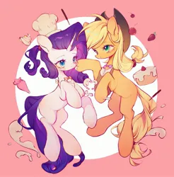 Size: 2659x2700 | Tagged: safe, artist:leafywind, derpibooru import, applejack, rarity, earth pony, pony, unicorn, cake, chef's hat, circle background, duo, female, food, g4, hat, horn, icing bag, image, jpeg, mare, pink background, simple background, strawberry