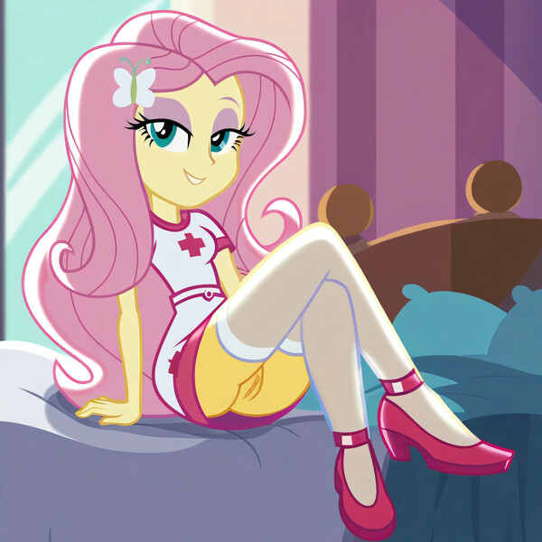 Size: 4096x4096 | Tagged: explicit, ai content, derpibooru import, machine learning generated, prompter:pigat35, fluttershy, equestria girls, bedroom, bedroom eyes, bottomless, clothes, female, g4, image, jpeg, looking at you, no panties, nurse outfit, show accurate, show accurate porn, skirt, smiling, smiling at you, sultry pose, upskirt, vaginal secretions