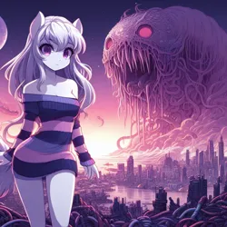 Size: 1024x1024 | Tagged: safe, ai content, derpibooru import, machine learning generated, oc, anthro, earth pony, adorasexy, anthro oc, bare shoulders, body horror, city, cityscape, cosmic horror, cute, eldritch abomination, eldritch horror, female, horror, image, looking at you, monster, png, prompter:horselover fat, pullover, sexy, shoulderless, smiling, smiling at you, stripes, surreal, walking, weird