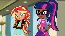 Size: 3072x1727 | Tagged: safe, color edit, derpibooru import, edit, edited screencap, screencap, sci-twi, sunset shimmer, twilight sparkle, human, equestria girls, colored, dark skin, g4, human coloration, image, png, skin color edit