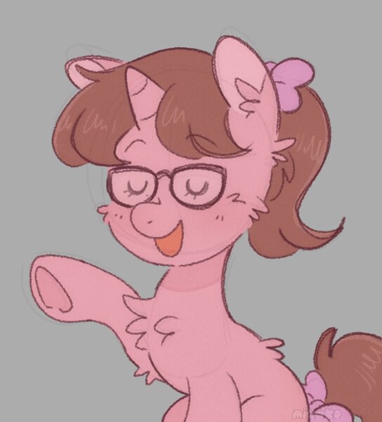 Size: 1382x1524 | Tagged: safe, artist:mikako, derpibooru import, oc, pony, unicorn, bow, brown mane, cute, glasses, hair bow, horn, image, jpeg, nerd, pink coat, ribbon, solo, talking, unicorn oc