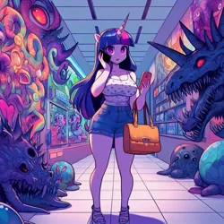 Size: 1024x1024 | Tagged: safe, ai content, derpibooru import, machine learning generated, twilight sparkle, anthro, unicorn, abstract, adorasexy, bag, big breasts, breasts, cleavage, clothes, creature, cute, denim, denim shorts, female, handbag, horn, horror, image, jpeg, mall, mobile phone, monster, open mouth, phone, prompter:horselover fat, sexy, shopping, shorts, standing, surreal, talking, talking on phone, tanktop, tiled floor, weird