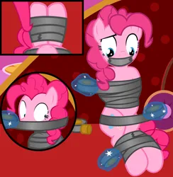 Size: 3247x3321 | Tagged: safe, artist:cardshark777, derpibooru import, pinkie pie, earth pony, pony, 3 panel comic, bondage, bound and gagged, comic, fainting couch, female, femsub, first pony view, g4, gag, helpless, image, looking down, magic, mare, panel, panels, pink coat, pink mane, png, sequel, sitting, solo, submissive, tape, tape bondage, tape gag, wrapping