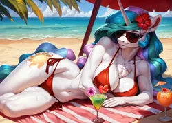 Size: 5376x3840 | Tagged: suggestive, ai content, derpibooru import, machine learning generated, stable diffusion, princess celestia, alicorn, anthro, pony, absurd resolution, alcohol, beach, beach babe, beach towel, beach umbrella, belly button, big breasts, bikini, breasts, busty princess celestia, chest fluff, cleavage, cleavage fluff, clothes, cocktail, cocktail glass, cocktail umbrella, drink, ear fluff, female, flower, flower in hair, g4, generator:pony diffusion v6 xl, generator:purplesmart.ai, image, lying down, mare, ocean, png, prompter:paajbach, seductive, sexy, side, smiling, solo, solo female, story included, stupid sexy celestia, sunglasses, swimsuit, towel, umbrella, water, wet, wingless, wingless anthro