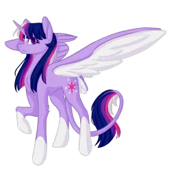 Size: 2000x2000 | Tagged: safe, artist:sychia, derpibooru import, twilight sparkle, twilight sparkle (alicorn), alicorn, pony, alternate hairstyle, concave belly, female, freckles, image, large wings, leonine tail, mare, markings, png, raised hoof, redesign, simple background, slender, solo, spread wings, tail, tail feathers, thin, transparent background, wings