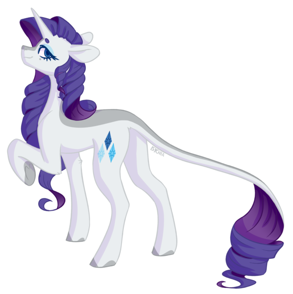 Size: 1788x1794 | Tagged: safe, artist:sychia, derpibooru import, rarity, pony, unicorn, alternate hairstyle, concave belly, female, horn, image, leonine tail, mare, markings, png, raised hoof, redesign, simple background, slender, solo, tail, thin, transparent background, wide eyes