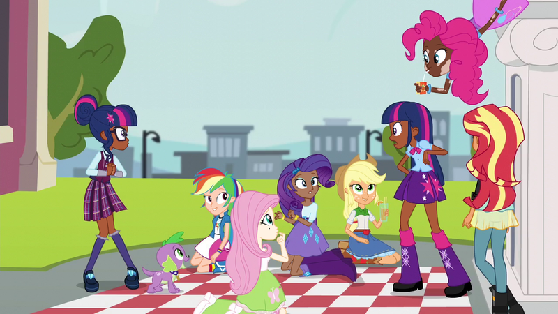 Size: 1280x720 | Tagged: safe, color edit, derpibooru import, edit, edited screencap, screencap, applejack, fluttershy, pinkie pie, rainbow dash, rarity, sci-twi, spike, sunset shimmer, twilight sparkle, human, equestria girls, colored, g4, headcanon, human coloration, humanized, image, mane seven, mane six, my little pony equestria girls: friendship games, png, skin color edit