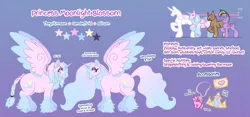 Size: 4500x2100 | Tagged: safe, artist:iridescentclaws, derpibooru import, oc, alicorn, pony, g3, chest fluff, chubby, draft horse, ear fluff, fluffy, g4, genderfluid, image, large wings, nonbinary, pink coat, png, princess, reference, reference sheet, shiny hooves, size chart, size comparison, sparkly eyes, sparkly hooves, sparkly mane, sparkly tail, tail, transgender, unshorn fetlocks, wingding eyes, wings