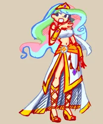 Size: 828x993 | Tagged: suggestive, artist:shadowhawx, derpibooru import, princess celestia, human, belly, belly button, clothes, crown, female, high heels, human female, image, jewelry, jpeg, long hair, midriff, regalia, shoes, solo, thin