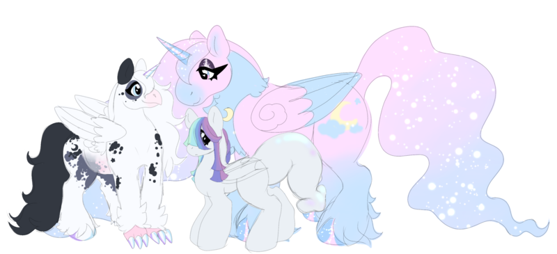 Size: 2161x985 | Tagged: safe, artist:iridescentclaws, derpibooru import, oc, oc:hydrangea, oc:moonlight blossom, oc:shimmer shine, unofficial characters only, alicorn, hippogriff, hybrid, pony, alicorn oc, draft horse, dragon hybrid, hippogriff oc, horn, hybrid oc, image, iridescence, iridescent coat, iridescent scales, piebald, piebald coat, pink coat, png, pony hybrid, shiny hooves, sparkly hooves, sparkly mane, sparkly tail, tail, white coat, wings