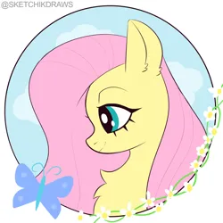 Size: 2000x2000 | Tagged: safe, artist:sketchik, derpibooru import, fluttershy, pegasus, pony, bust, cute, female, g4, image, mare, png, portrait, shyabetes, side view, simple background, smiling, solo