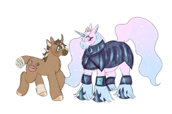 Size: 1500x1000 | Tagged: safe, artist:iridescentclaws, derpibooru import, oc, oc:cinnamon sugar, oc:moonlight blossom, unofficial characters only, alicorn, hybrid, lizard, lizard pony, pony, unicorn, fallout equestria, armor, armored pony, brown coat, couple, draft horse, horn, hybrid oc, image, pink coat, pipbuck, png, pony hybrid, princess, sparkly mane, sparkly tail, tail